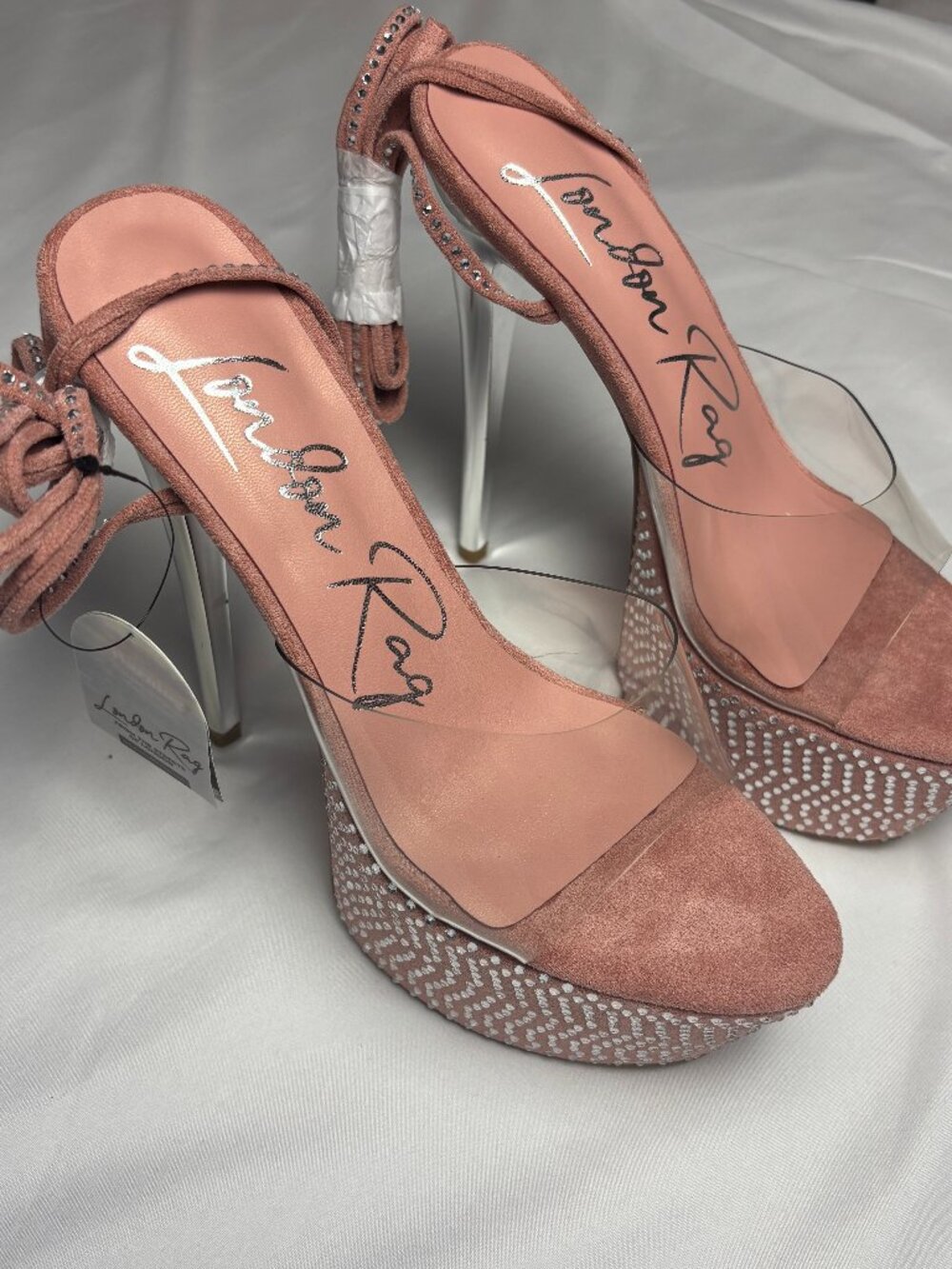 London Rag Pink Rhinestone Platform Clear Strap Stiletto Heels | Size US 7 NWT
